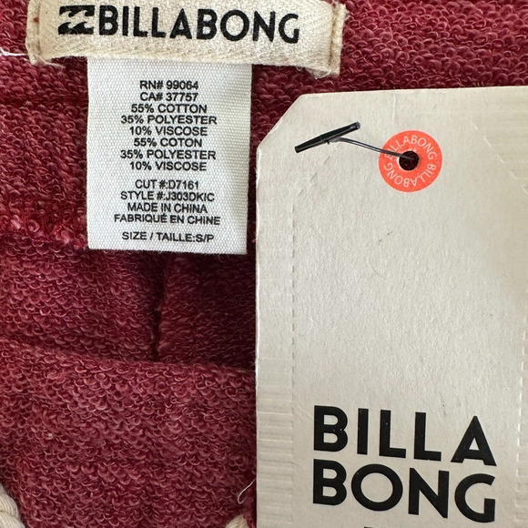 NWT Billabong Fleece Lined Jogger Pants Small Burgundy Drawstring Coastal Preppy - Picture 7 of 9
